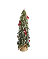 Nearly Natural Flocked Christmas Artificial Tree with Berries and Pine Cones