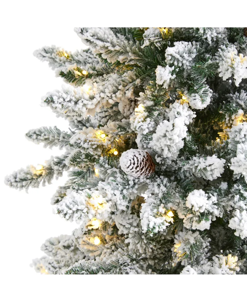 Nearly Natural Flocked Livingston Fir Artificial Christmas Tree with Pine Cones and 300 Clear Warm Led Lights