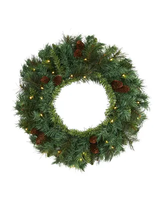 Nearly Natural Mixed Pine and Pinecone Artificial Christmas Wreath with 35 Clear Led Lights