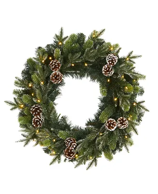 Nearly Natural Snowed Pinecone Artificial Christmas Wreath with 35 Clear Led Lights