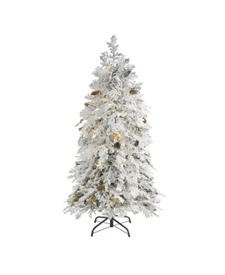 Nearly Natural Flocked Montana Down Swept Spruce Artificial Christmas Tree with 100 Clear Led Lights