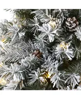 Nearly Natural Flocked River Mountain Pine Artificial Christmas Tree with Pinecones and 250 Clear Led Lights