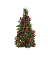 Nearly Natural Mixed Berry and Pine Cone Artificial Christmas Tree with 35 Clear Led Lights