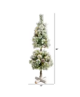 Nearly Natural Flocked Artificial Christmas Tree Topiary with 50 Warm Led Lights and Pine Cones