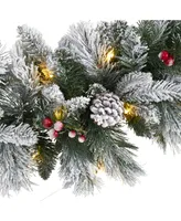 Nearly Natural Flocked Mixed Pine Artificial Christmas Garland with 50 Led Lights, Pine Cones and Berries