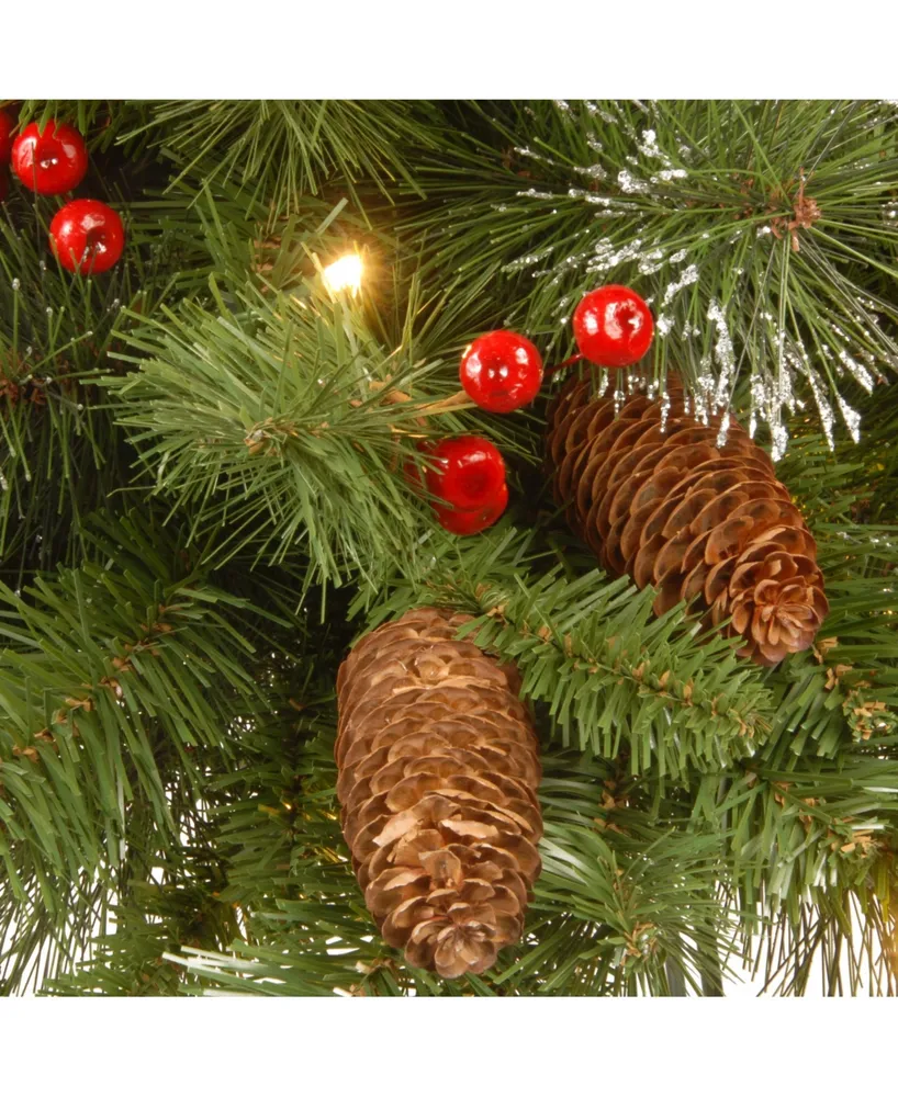 National Tree Company 2' Crestwood Spruce Small Tree with Silver Bristle, Cones, Red Berries and Glitter in a Plastic Bronze Pot with 35 Battery Opera
