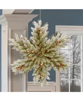 National Tree Company 32" Snowy Dunhill Fir Double Sided Snowflake with Cones, Red Berries & 100 Warm White Battery Operated Led Lights w/Timer