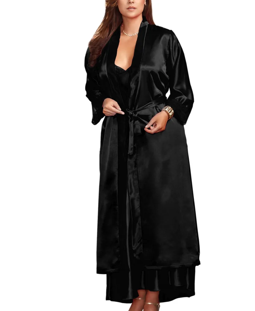 iCollection Women's Long Satin Robe with Lace Cuffs