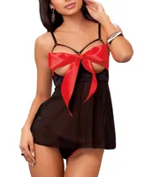 iCollection Open Cup Babydoll with Bow & Panty 2pc Lingerie Set - Red