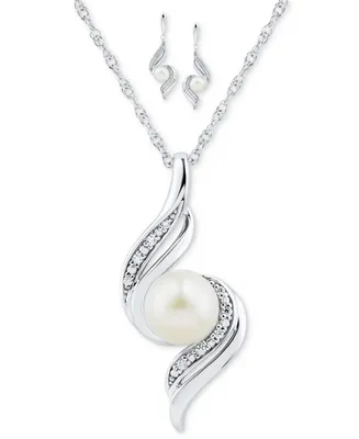 2-Pc. Set Cultured Freshwater Pearl (6mm & 7mm) & Diamond (1/10 ct. t.w.) Pendant Necklace & Matching Drop Earrings in Sterling Silver