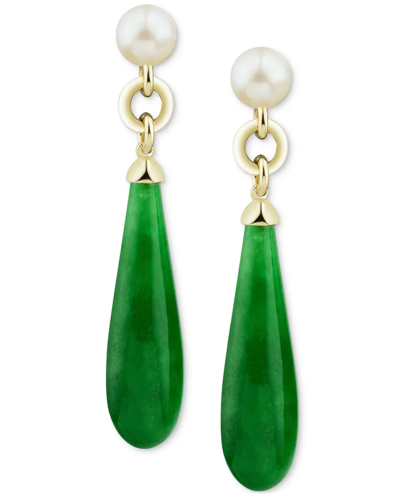 Cultured Freshwater Pearl (7mm) & Dyed Jade Briolette Drop Earrings in 14k Gold-Plated Sterling Silver