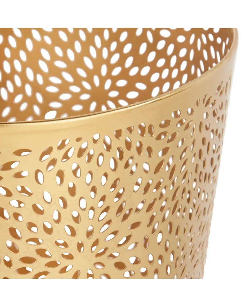 Small, Round, Glam Style Metallic Pierced Metal Waste Basket with Chrysanthemum Pattern - Gold