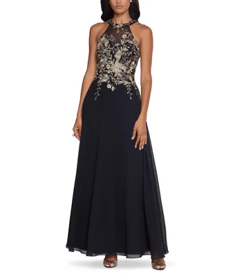 Betsy & Adam Embellished Chiffon Illusion Gown