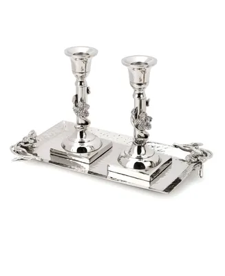 Candlesticks and Tray with Jeweled Flower Design, Set of 2 - Silver