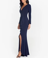 Betsy & Adam Ruffled Side-Slit Gown