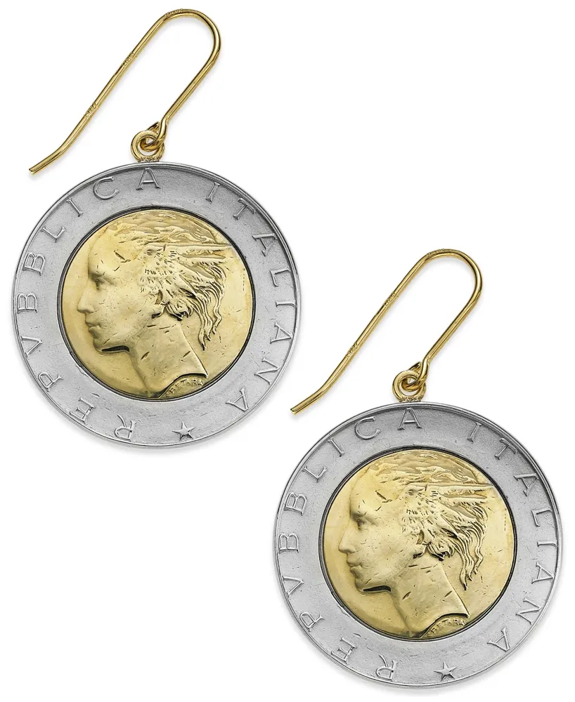 Vermeil and Sterling Silver Lira Coin Drop Earrings - Two