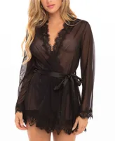 Oh La Cheri Women's Eyelash Lace Robe & G-String 2pc Lingerie Set