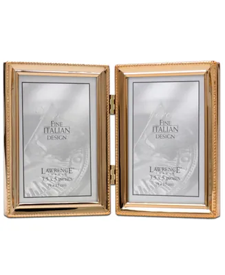 Polished Metal Hinged Double Picture Frame - Bead Border Design, 3.5" x 5" - Gold