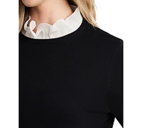 CeCe Women's Ruffle Collar & Sleeve Imitation Pearl Trim Crewneck Sweater