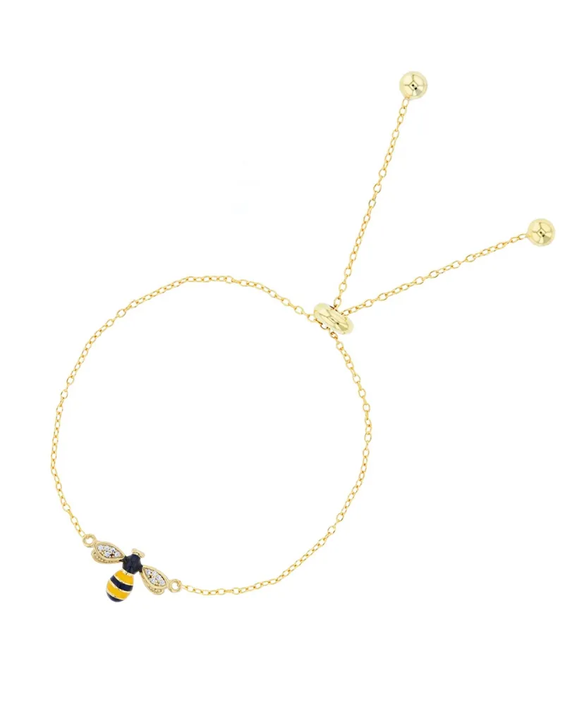 Cubic Zirconia Enamel Bee Adjustable Bolo Bracelet in Sterling Silver (Also in 14k Gold Over Silver)