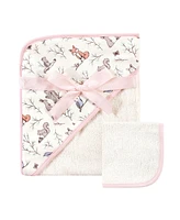 Hudson Baby Infant Girl Cotton Hooded Towel and Washcloth 2pc Set, Enchanted Forest, One Size