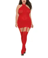 Dreamgirl Women's Plus Size Sheer Halter Garter Dress with Attached Garters and Stockings Lingerie Set