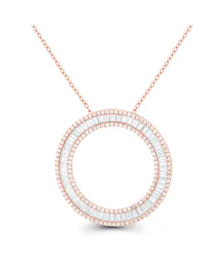 Cubic Zirconia Baguette and Round Sterling Silver Open Circle Necklace (Also 14k Gold Over or Rose Silver)