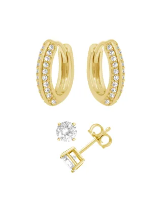 And Now This Cubic Zirconia Round Stud & Cubic Zirconia Pave Huggie Hoop in Gold Plate