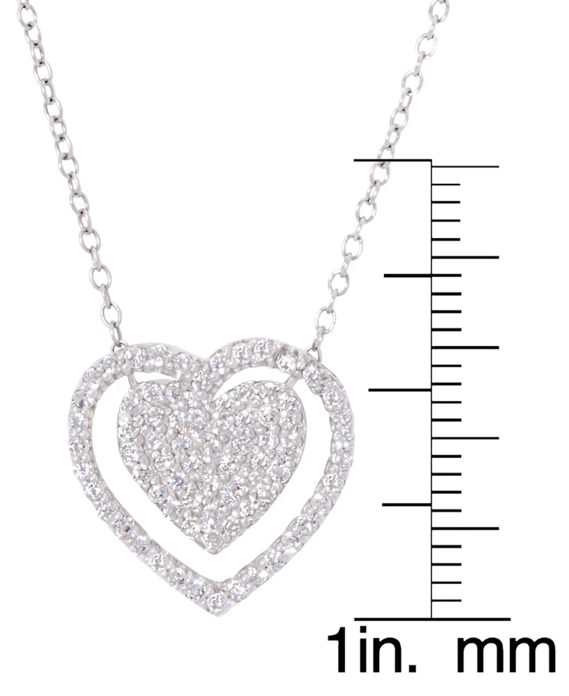 Cubic Zirconia Double Heart Necklace 18" in Silver Plate