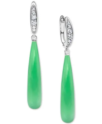 Dyed Green Jade & White Zircon (7/8 ct. t.w.) Briolette Drop Earrings in Sterling Silver