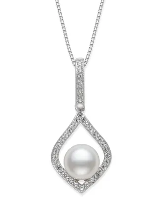 Belle de Mer Cultured Freshwater Pearl (7mm) & Cubic Zirconia 18" Pendant Necklace in Sterling Silver