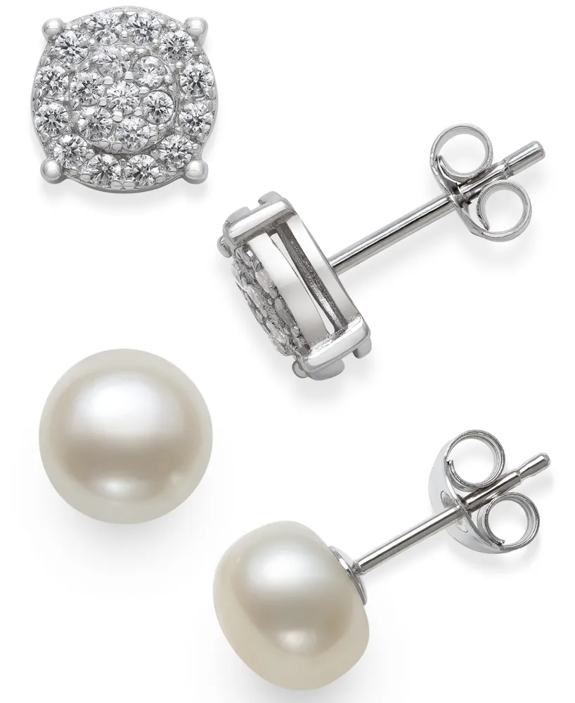 2-Pc. Set Cultured Freshwater Pearl (7mm) & Cubic Zirconia Stud Earrings in Sterling Silver