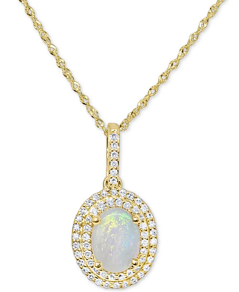 Opal (3/4 ct. t.w.) & Diamond (1/5 Oval Halo 18" Pendant Necklace 14k Gold