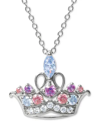 Disney Multicolor Cubic Zirconia Tiara 18" Pendant Necklace in Sterling Silver