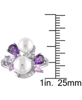 Cultured Freshwater Pearl (6-1/2 & 7-1/2mm) Multi-Gemstone (1-3/8 ct. t.w.) Cluster Ring Sterling Silver