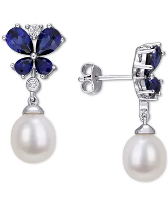 Cultured Freshwater Pearl (8mm) & Lab-Grown Blue & White Sapphire (3-3/4 ct. t.w.) Butterfly Drop Earrings in Sterling Silver