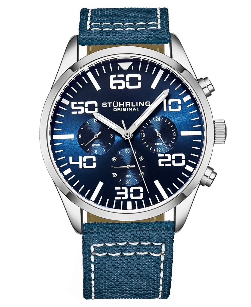 Men's Chrono Dark Blue Canvas with Light Blue Contrast Stitching Strap Watch 42mm