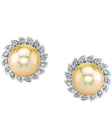 Cultured Golden South Sea Pearl (10mm) & Diamond (1/4 ct. t.w.) Stud Earrings in 10k Gold
