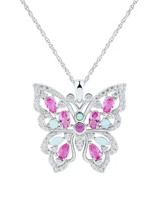 Multi-Gemstone (1-1/2 ct. t.w.) & Cubic Zirconia Butterfly 18" Pendant Necklace in Sterling Silver