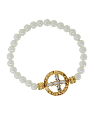Gold-Tone Crystal Cross Imitation Pearl Stretch Bracelet