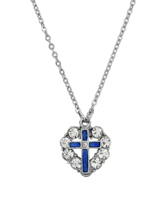 Pewter Enamel Cross Crystal Heart Necklace