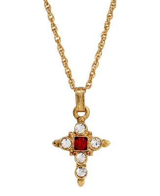 14K Gold Dipped Dark Red and Crystal Cross Pendant Necklace