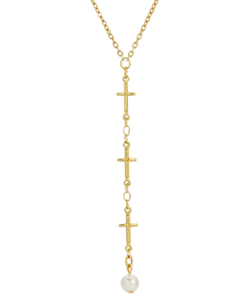 14K Gold Dipped Triple Cross Drop Imitation Pearl Necklace