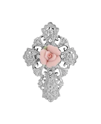 Silver-Tone Pink Porcelain Rose Cross Pin