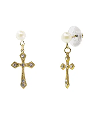 Gold-Tone Crystal Cross with Imitation Pearl Stud Drop Earrings