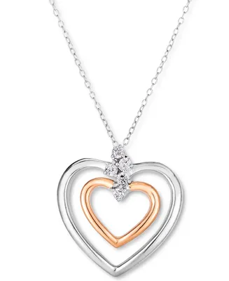 Diamond Double Heart 18" Pendant Necklace (1/10 ct. t.w.) in Sterling Silver & 14k Rose Gold-Plate