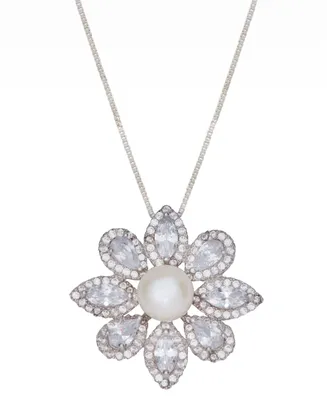 Cultured Freshwater Pearl (7mm) & Cubic Zirconia Flower 18" Pendant Necklace in Sterling Silver