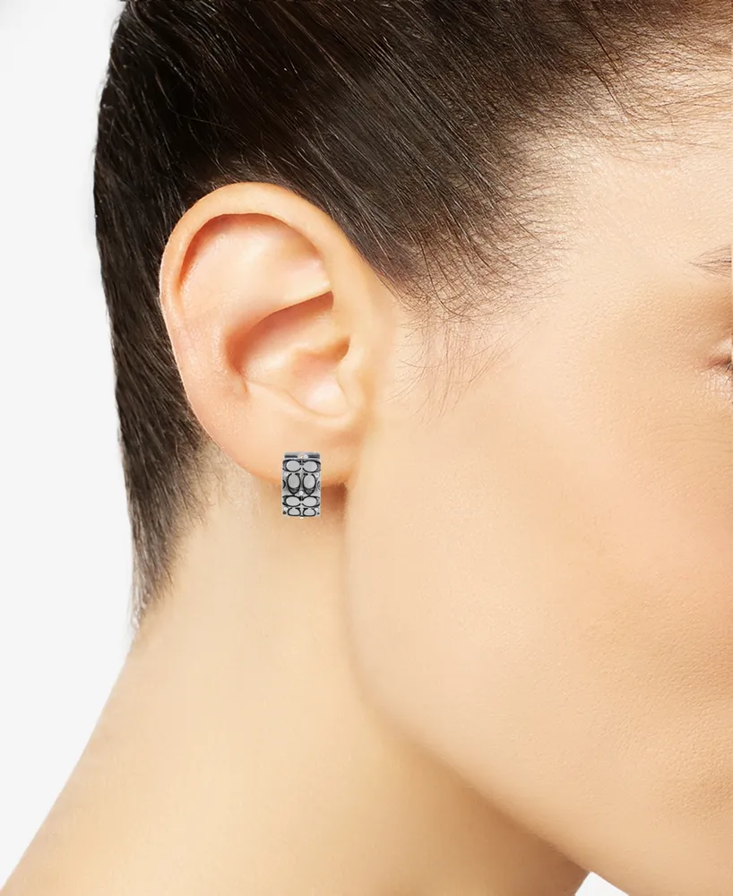 Coach Silver-Tone Small Crystal Quilted C Wide Huggie Hoop Earrings, 0.5"