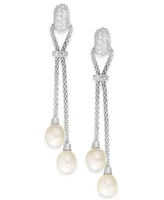 Cultured Freshwater Pearl (7-1/2mm) and Cubic Zirconia Chain Drop Earrings in Sterling Silver