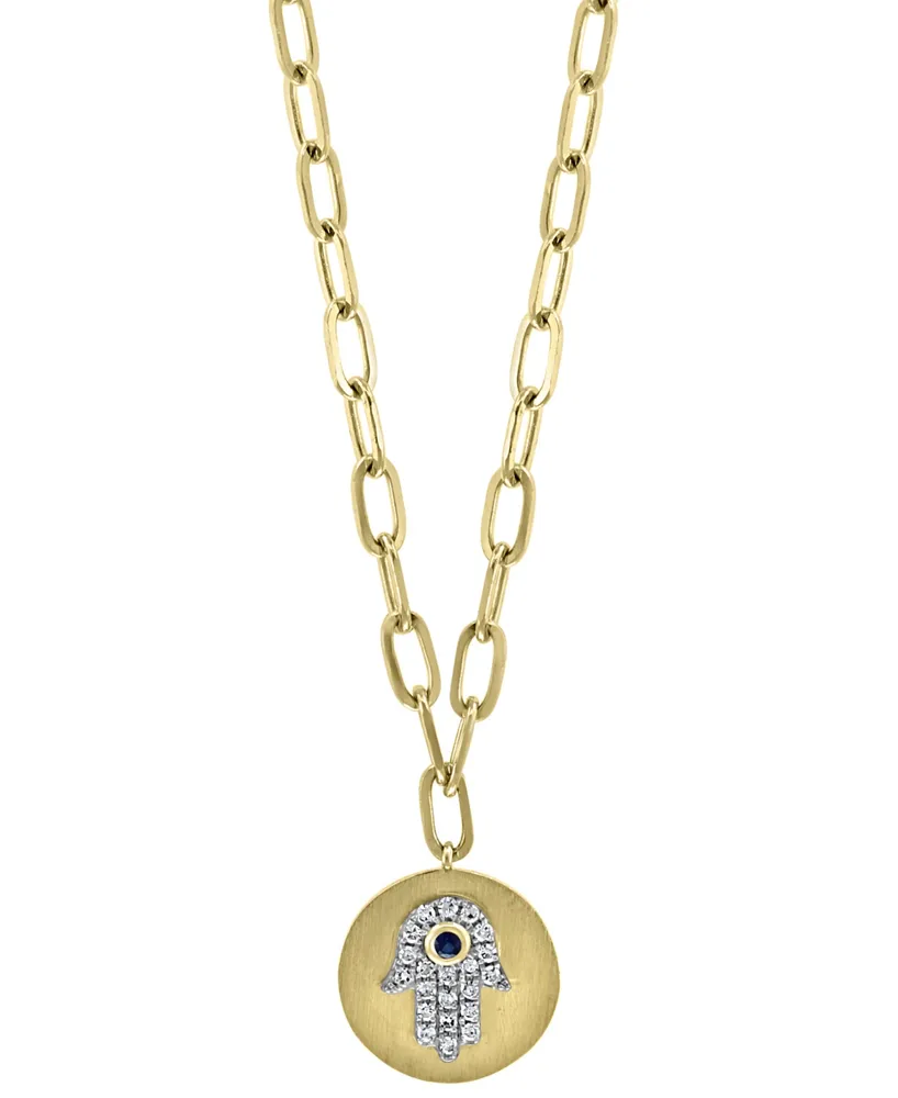 Effy Sapphire Accent and Diamond (1/8 ct. t.w.) Hamsa Hand 18" Pendant Necklace in 14k Gold